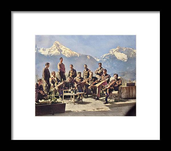 Colorized Framed Print featuring the painting Dick Winters and his Easy Company HBO's Band of Brothers lounging at Eagle s Nest Hitler s former by Celestial Images