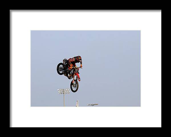 Dirt Bike Framed Print featuring the photograph Dirt Bike Stunts - In The Air XX by Debbie Oppermann