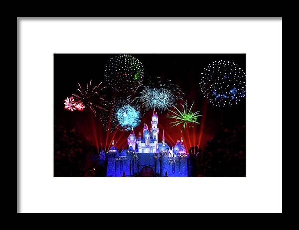 Fireworks Framed Print featuring the photograph Disneyland Fireworks At Sleeping Beauty Castle by Mark Andrew Thomas