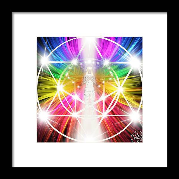 Divine Connection Starseed Lightworker Meditation Awakening Sacred Geometry Rainbow Lightcodes Framed Print featuring the digital art Divine connection by Annette L Lemaire