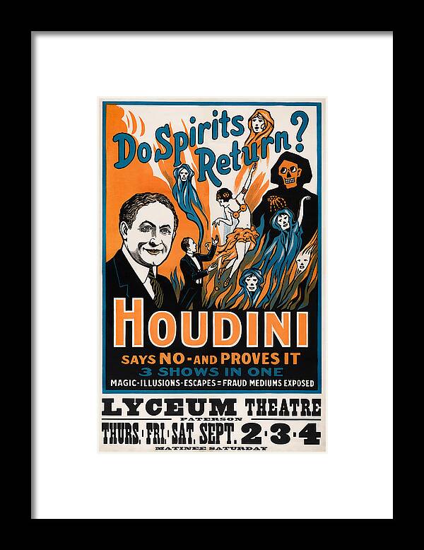 Harry Houdini Framed Print featuring the mixed media Do Spirits Return? Houdini Says No - Vintage Magic Poster by War Is Hell Store