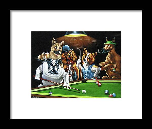 Dogs Playing Pool Framed Print featuring the painting Dogs Playing Pool after original by Coolidge  by Jorge Torrones