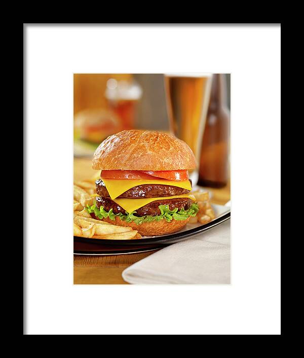 Pub Food Framed Print featuring the photograph Double Cheeseburger With A Beer by Lauripatterson