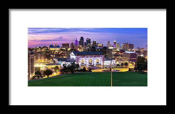 America Framed Print featuring the photograph Downtown Kansas City Skyline Panoramic at Dusk by Gregory Ballos