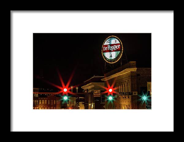  Dr Pepper Sign Neon Sign Framed Print featuring the photograph Dr Pepper Neon Sign Roanoke, Virginia. by Julieta Belmont