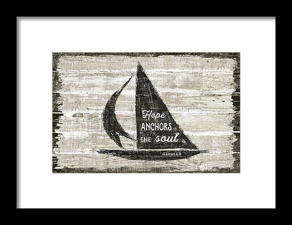 Black Framed Print featuring the painting Driftwood Coast Scripture II by Sue Schlabach