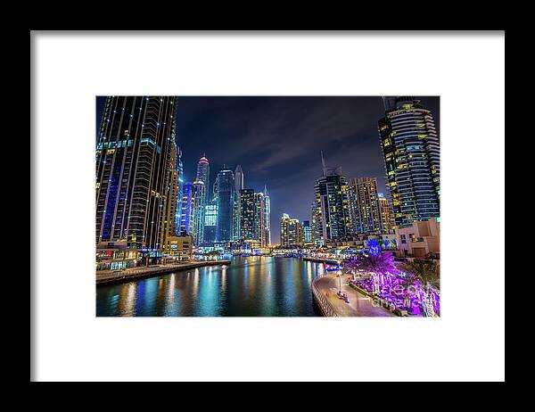 Dubai Framed Print featuring the photograph Dubai marina walk at night by Delphimages Photo Creations
