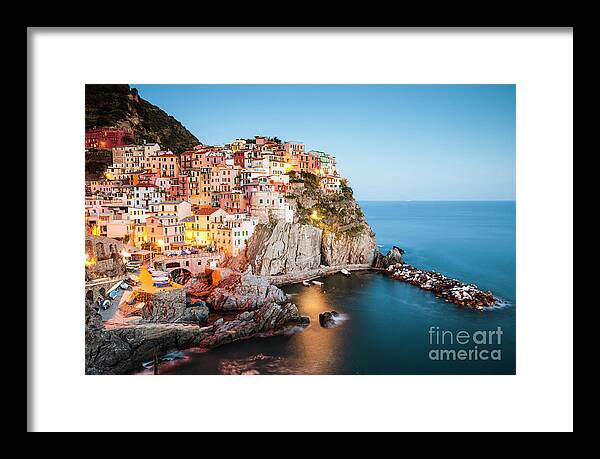 Cinque Terre Framed Print featuring the photograph Dusk in Manarola, Cinque Terre, Liguria, Italy by Matteo Colombo