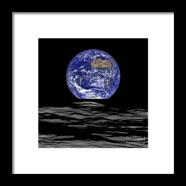 Astronomical Framed Print featuring the photograph Earth Appearing To Rise Over The Moon by Nasa/goddard/arizona State University/science Photo Library