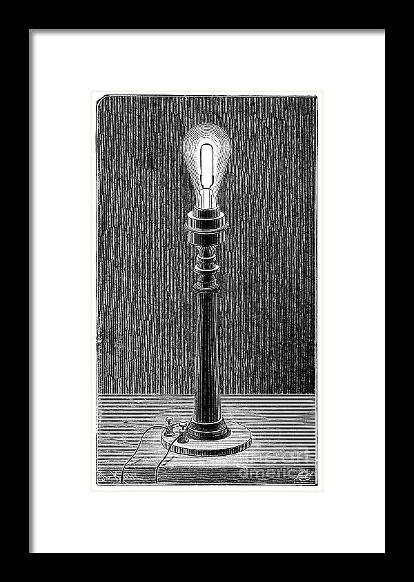 Engraving Framed Print featuring the drawing Edisons Incandescent Light Globe by Print Collector