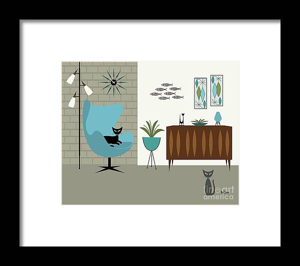 Mid Century Modern Framed Print featuring the digital art Egg Chair with Mini Fish Art by Donna Mibus
