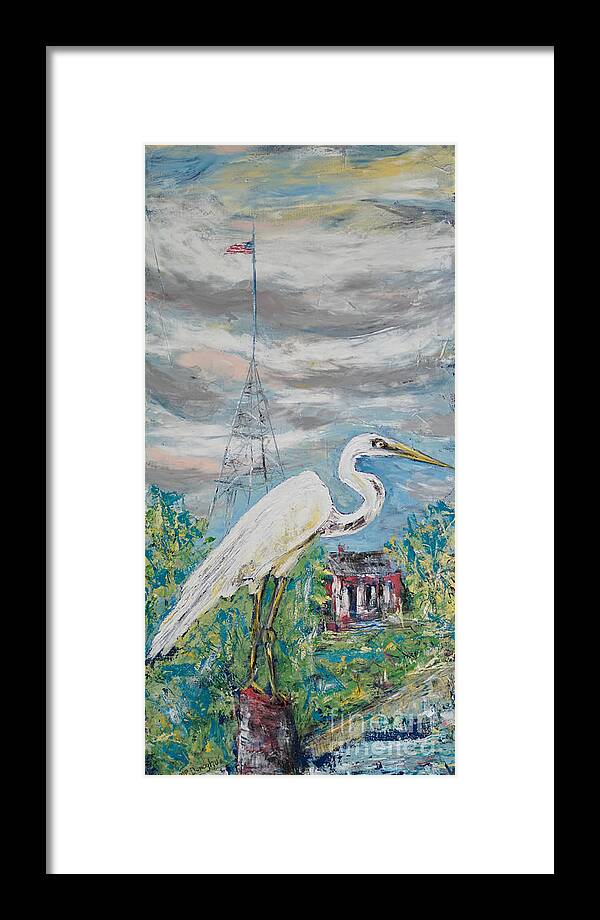 Egret Framed Print featuring the painting Egret Mascot of Coastal Town by Patty Donoghue