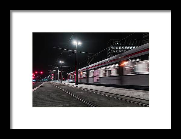 Leaving Framed Print featuring the photograph Electric Railway Train Passing Office Buildings, Aarhus, Midtjylland, Denmark by 24frames