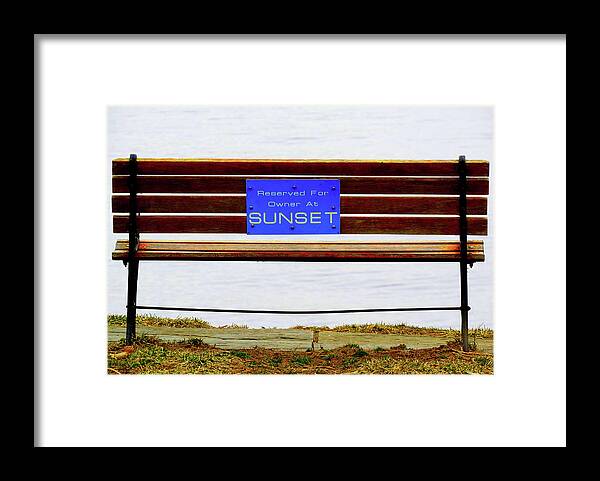 Bench Framed Print featuring the photograph Empty Bench Waiting for Sunset by Linda Stern