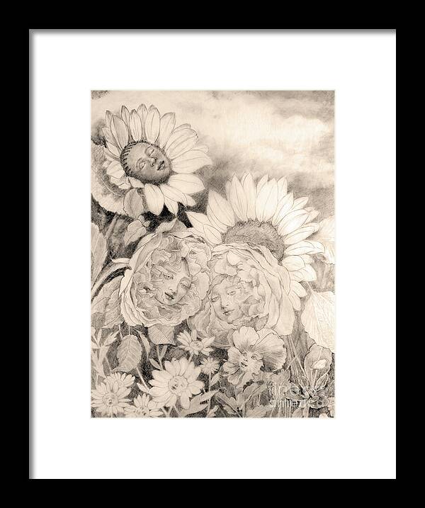 English Garden Framed Print featuring the drawing English Roses African Sunflower by Kathryn Donatelli