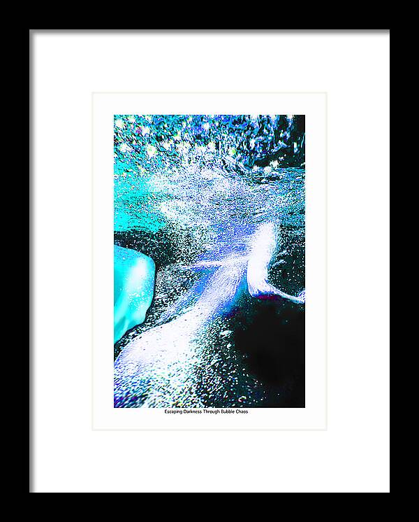 Underwater Framed Print featuring the digital art Escaping the Darkness through bubble Chaos by Leo Malboeuf