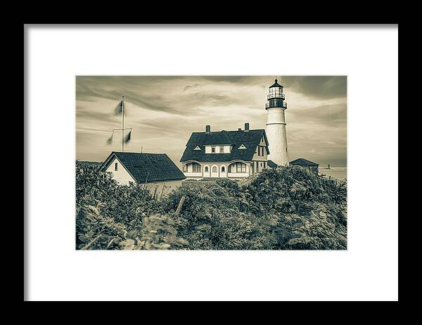 Portland Head Light Framed Print featuring the photograph Evening at Portland Head Light - Maine Sepia by Gregory Ballos