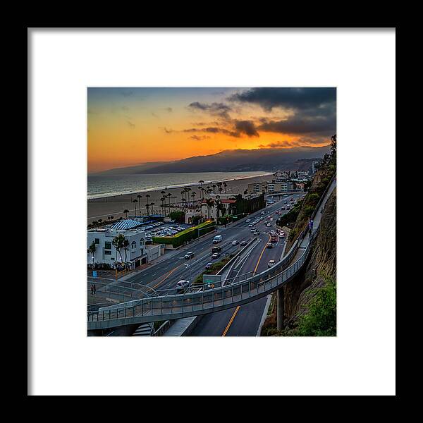 Sunset Framed Print featuring the photograph Evening Commuters Crossing Over Pacific Coast Highway - Square by Gene Parks