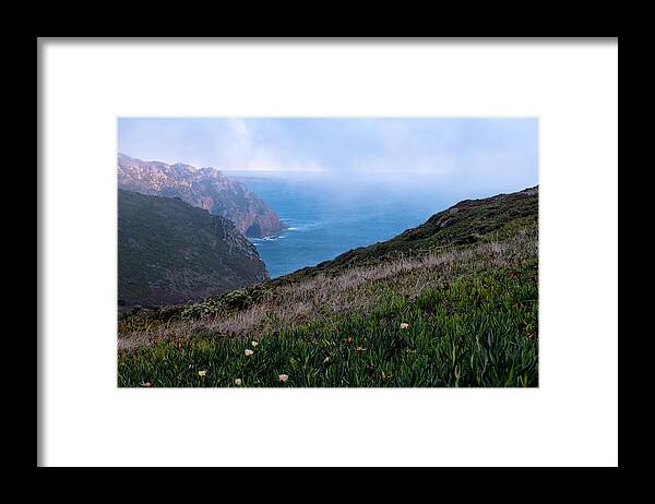 Cabo Da Roca Framed Print featuring the photograph Evening Fog Descends on Cabo da Roca, Portugal by Roberta Kayne