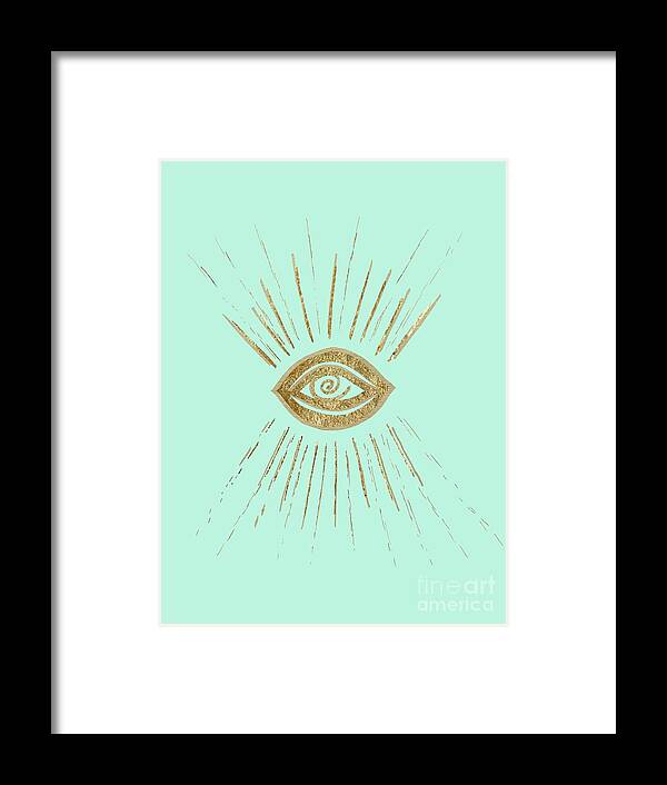 Ink-pen Framed Print featuring the drawing Evil Eye Gold on Mint #1 #drawing #decor #art by Anitas and Bellas Art