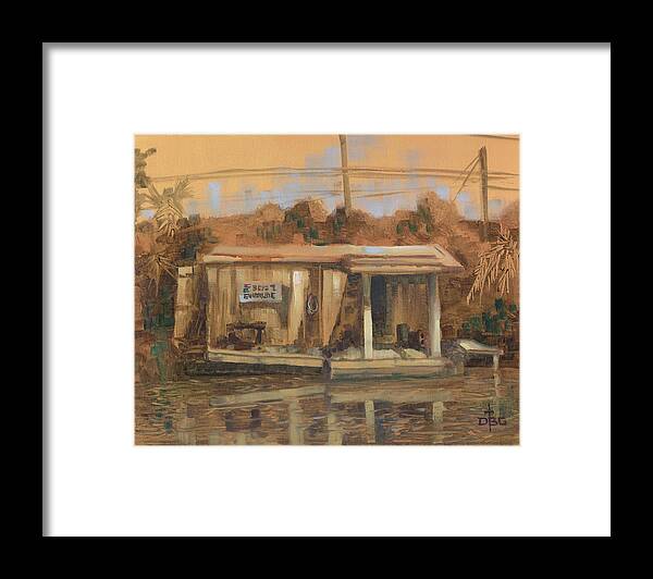 Evinrude Framed Print featuring the painting Evinrude Service and Bait Shop by David Bader