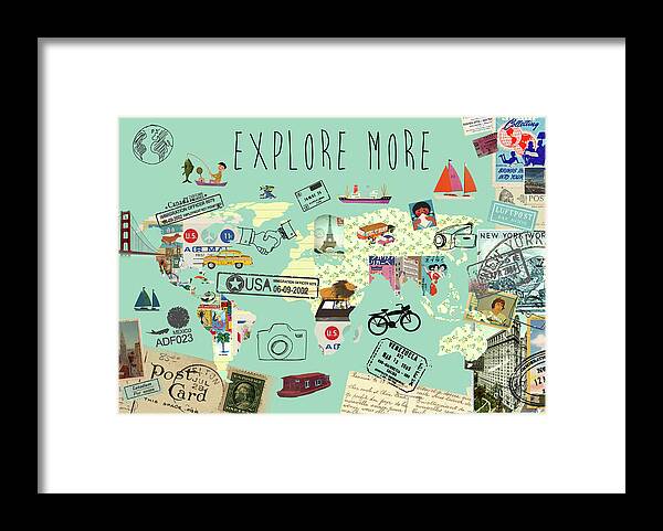 Exlore More World Map Framed Print featuring the mixed media Exlore more world map by Claudia Schoen