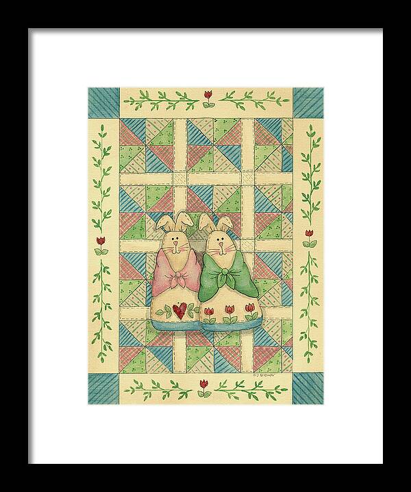 Fabric Bunnies With Quilted Background Framed Print featuring the painting Fabric Bunnies With Quilt - B by Debbie Mcmaster