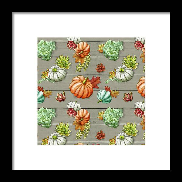 Succulents Framed Print featuring the painting Wood Fall Pumpkin Succulent Pattern by Jen Montgomery by Jen Montgomery