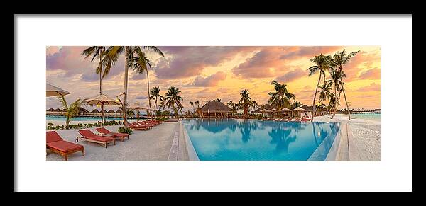 Landscape Framed Print featuring the photograph Fantastic Panoramic Poolside, Sunset by Levente Bodo