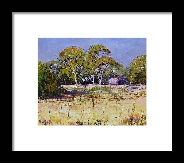 Farm Sheds Framed Print featuring the painting Farm Sheds Whittlesea by Graham Gercken