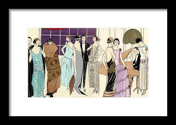 Agb Framed Print featuring the drawing Fashionable evening party with man in tuxedo playing a grand piano. by Album