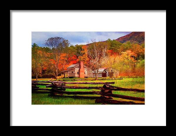 Barn Framed Print featuring the photograph Fences and Cabins Cades Cove Painting by Debra and Dave Vanderlaan