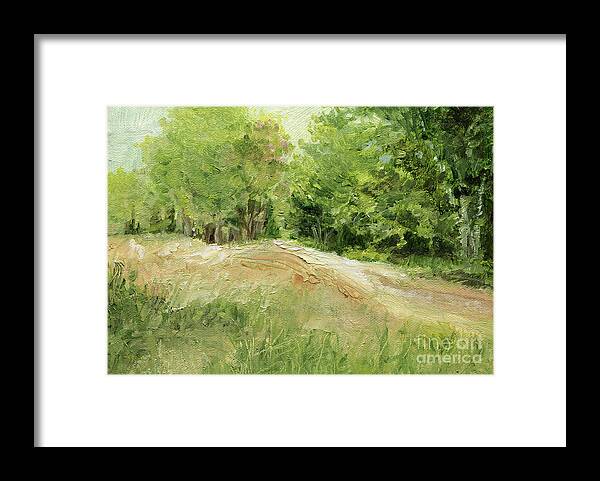 Original Painting Framed Print featuring the painting Woodland Trees and Dirt Road by Laurie Rohner