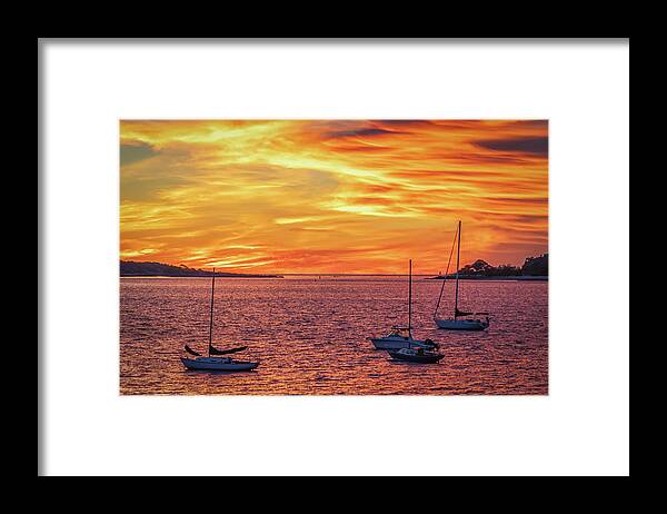 Casco Bay Framed Print featuring the photograph Fiery Sunrise over Casco Bay by Kristen Wilkinson