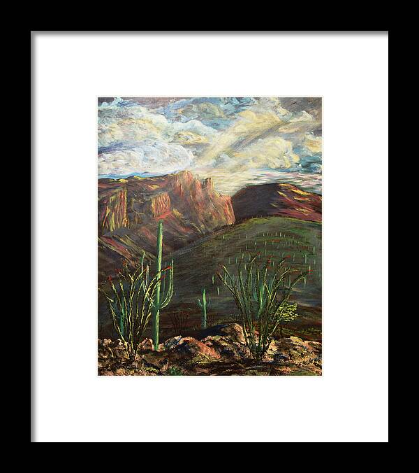 Tucsonarizona Framed Print featuring the painting Finger Rock Morning by Chance Kafka