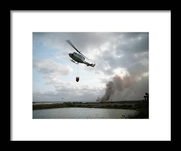 Reservoir Framed Print featuring the photograph Fire Fighting Helicopter Approaches by Gavind