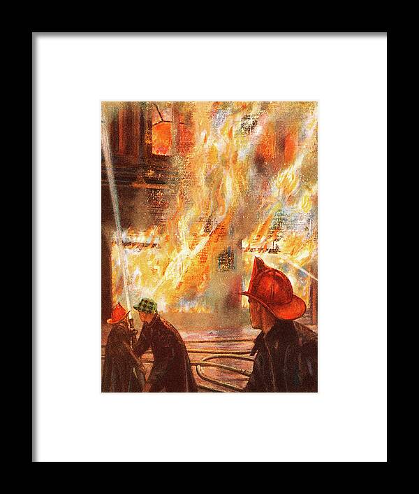 Accident Framed Print featuring the drawing Firefighters Fighting Building Fire by CSA Images