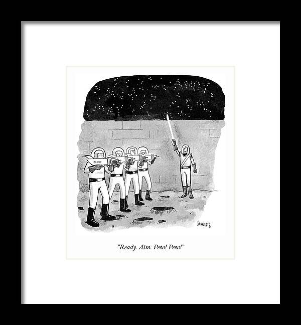 “ready. Aim. Pew! Pew!” Framed Print featuring the drawing Firing Space Squad by Benjamin Schwartz
