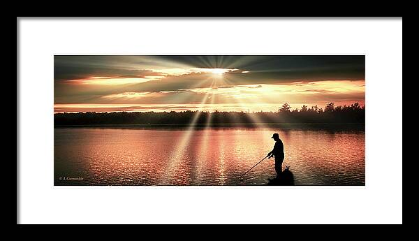 Fishing Framed Print featuring the photograph Fisherman, Spiritual Sunset Above a Mountain Lake by A Macarthur Gurmankin