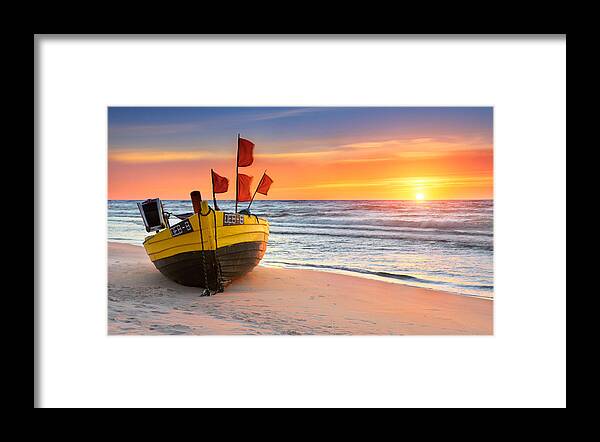 Landscape Framed Print featuring the photograph Fishing Boat At The Beach, Sunset Time by Jan Wlodarczyk