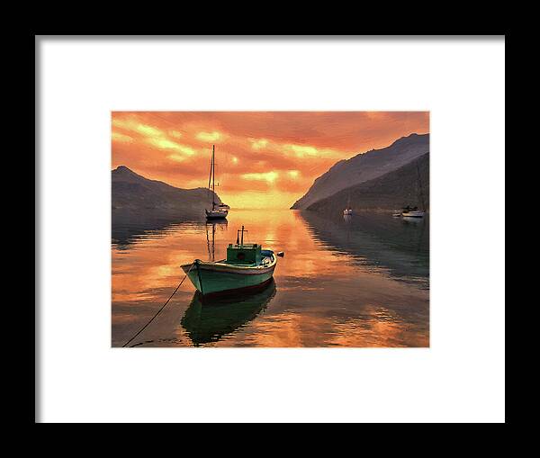 Fishing Boats Framed Print featuring the painting Fishing Boats at Sunset Simi Greek Islands-DWP40406001 by Dean Wittle