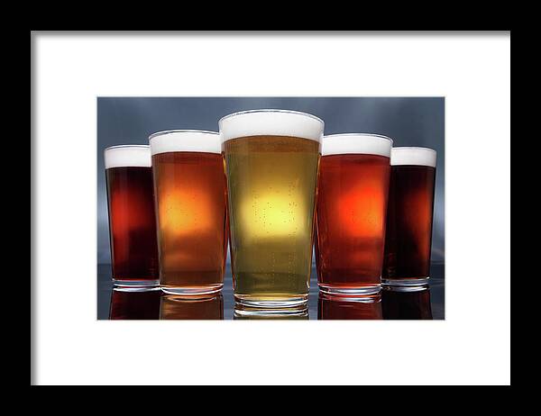 Five Objects Framed Print featuring the photograph Five Pints Of Beer by Thecrimsonmonkey