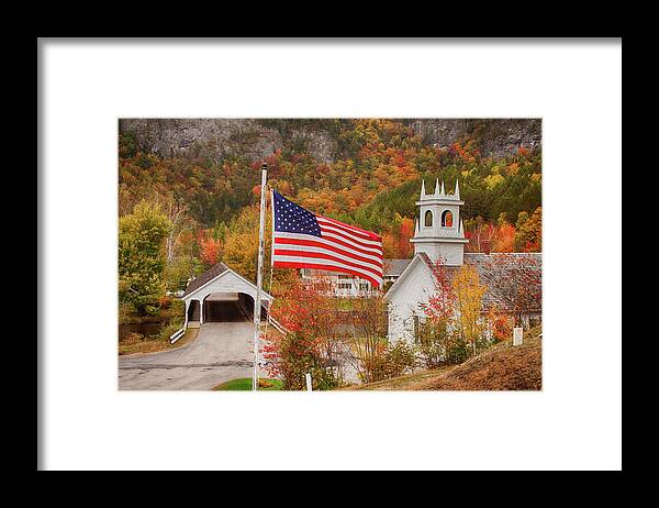 Autumn Framed Print featuring the photograph Flag flying over the Stark covered Bridge by Jeff Folger