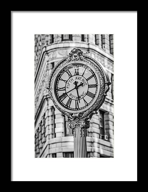 Clock Framed Print featuring the photograph Flatiron and Fifth Ave Clock NYC BW by Susan Candelario