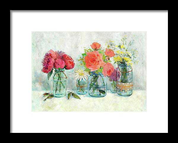 Flowers In Mason Jars Framed Print featuring the mixed media Flowers In Mason Jars by Marietta Cohen Art And Design