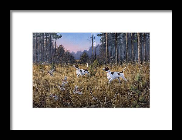 Hunting Dogs Flushing Out Quail Or Grouse Framed Print featuring the painting Flushed by Wilhelm Goebel