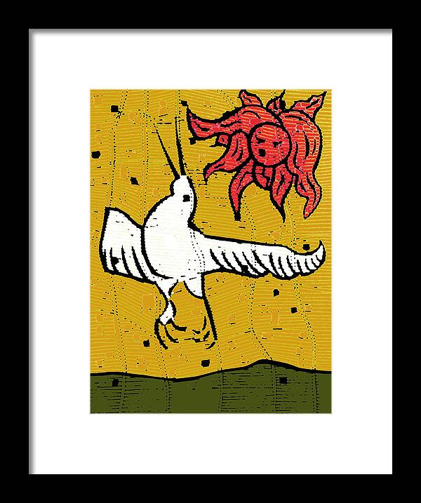 Flying Framed Print featuring the digital art Flying bird and red sun face by Edgeworth Johnstone
