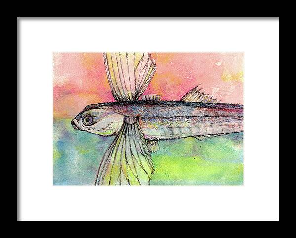 Flying Fish Framed Print featuring the pastel Flying Fish from Barbados by AnneMarie Welsh