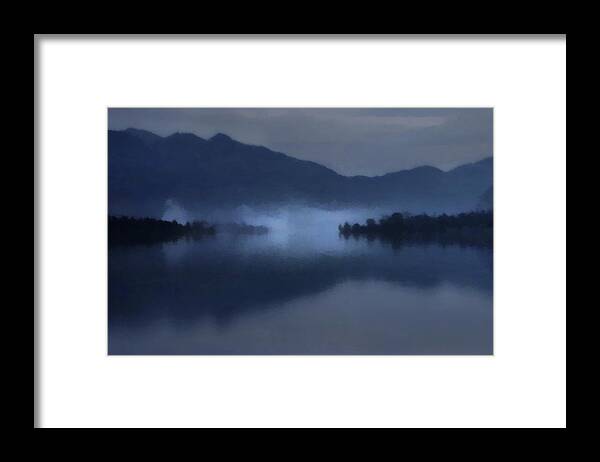 Nature Framed Print featuring the digital art Fog on the Dark Mountain Lake by Menega Sabidussi