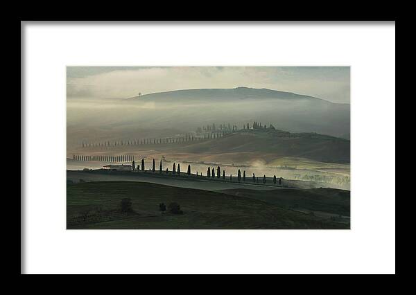 Toscany Framed Print featuring the photograph Foggy fields of Toskany by Jaroslaw Blaminsky